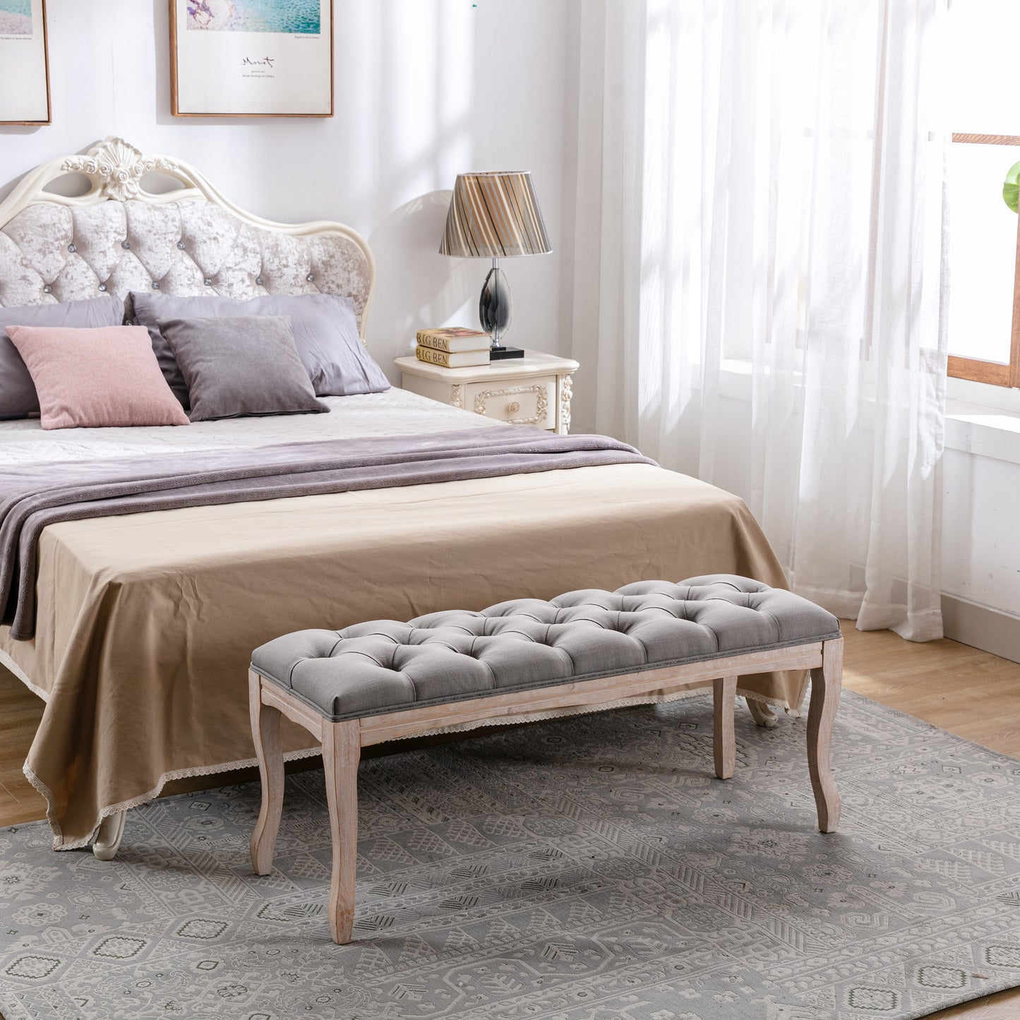 French Vintage Upholstered Bench - Grey Linen, 43.3"