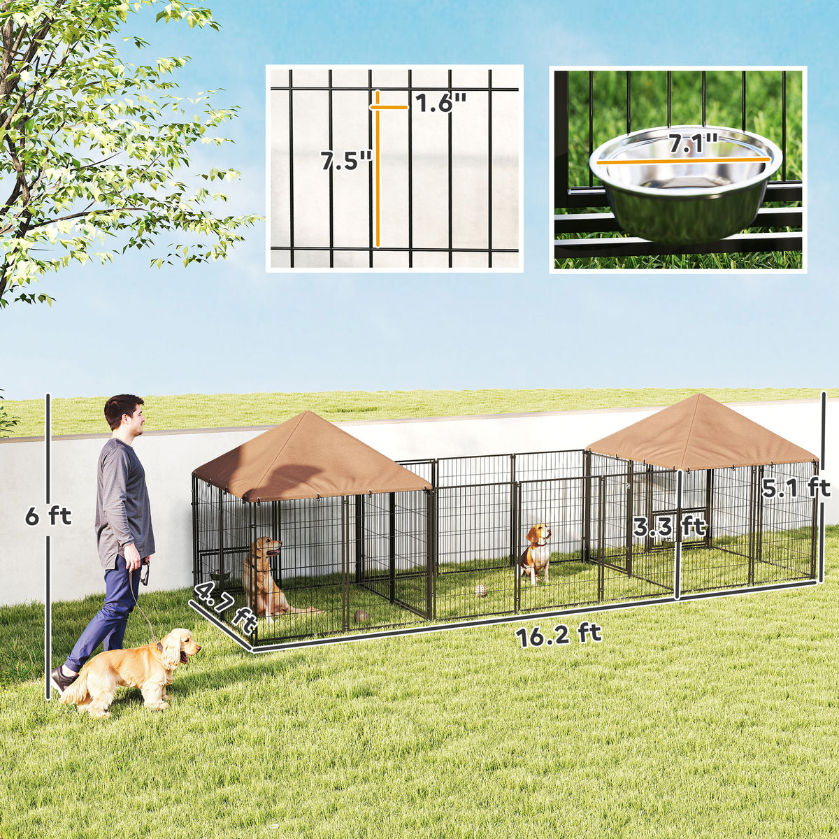 Large Outdoor Dog Kennel with 2 Rooms, Adjustable Bowls & Waterproof Canopy
