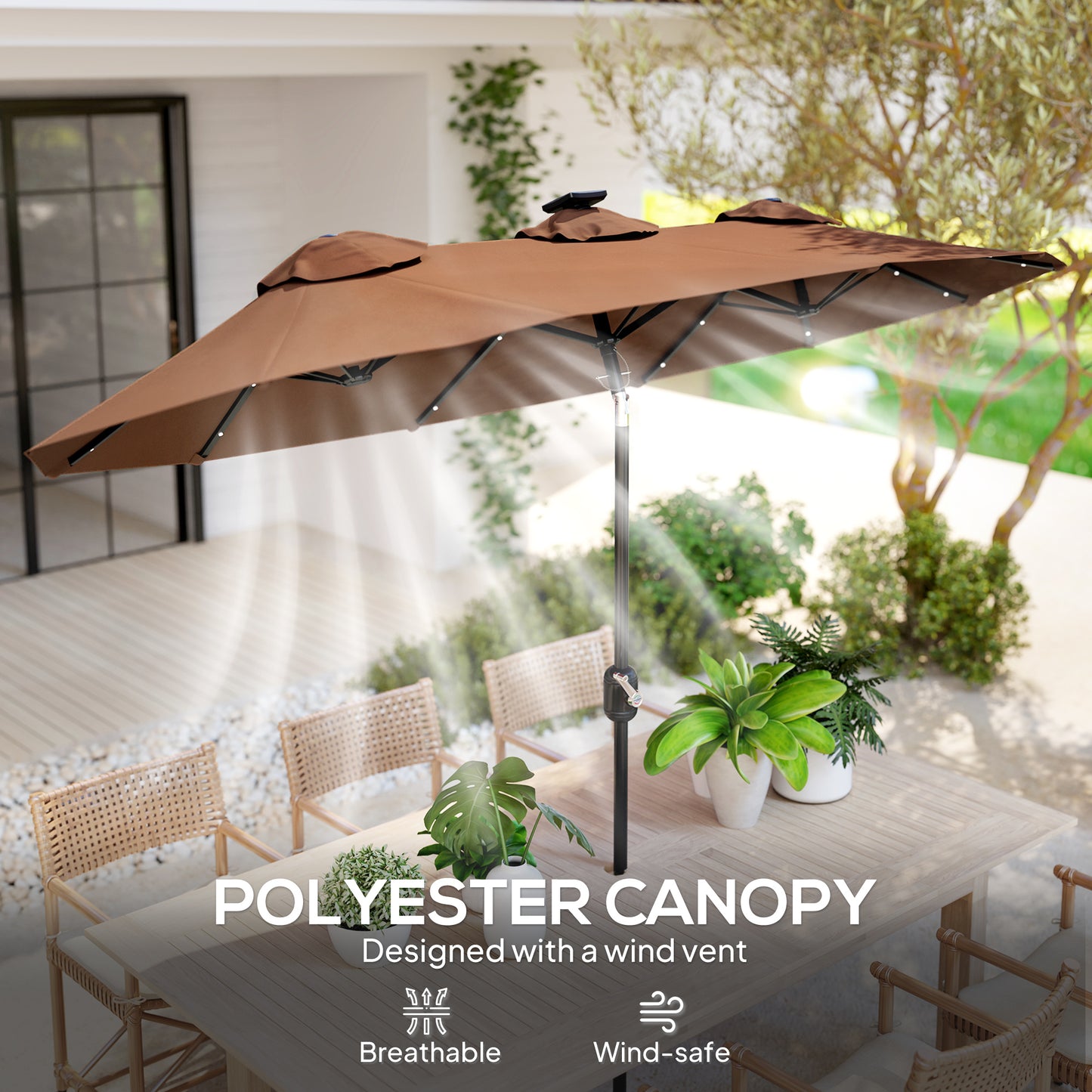 Double-Sided Patio Umbrella with LED Lights - Coffee