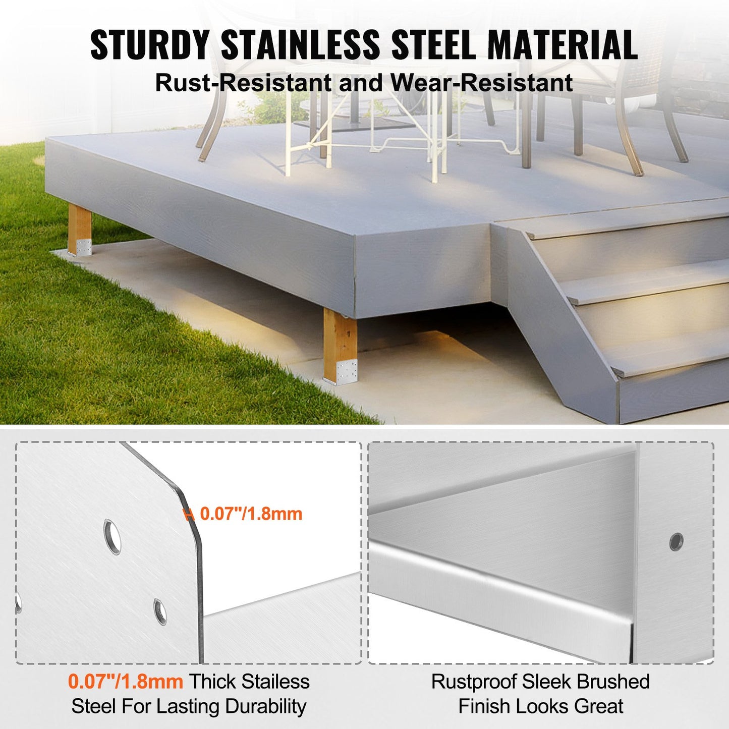 8x8 Inch Stainless Steel Post Base Bracket Set for Deck Porch Railing Support - Silver