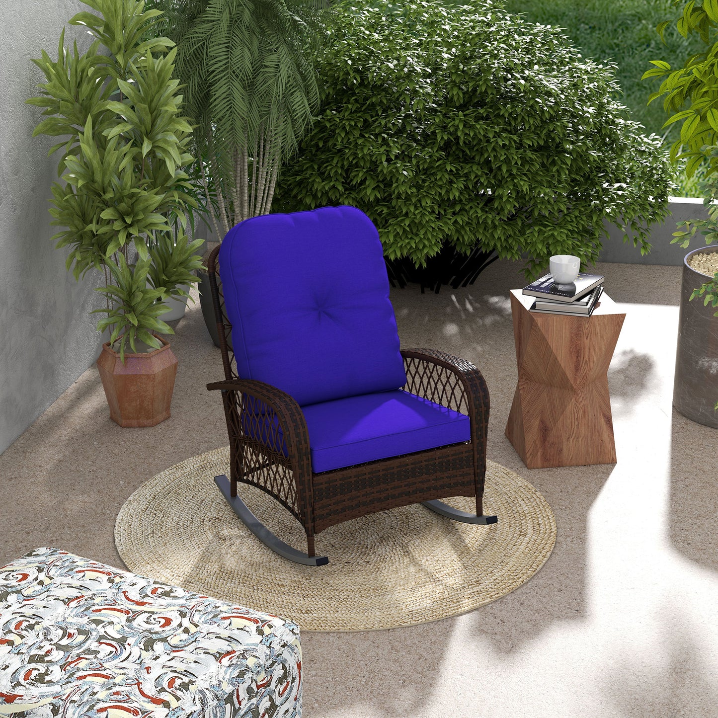 Rattan Porch Rocker with Plush Cushion - Dark Blue