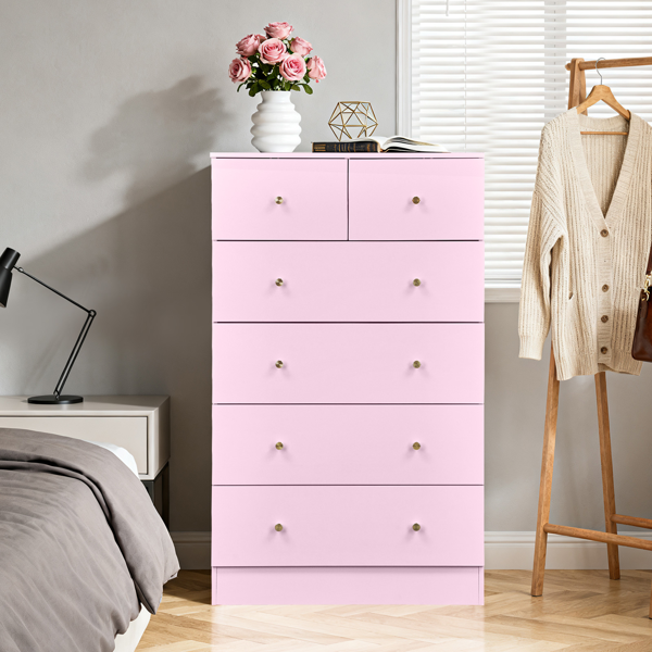 6-Drawer Dresser with Gold Handles - Modern Pink Cabinet