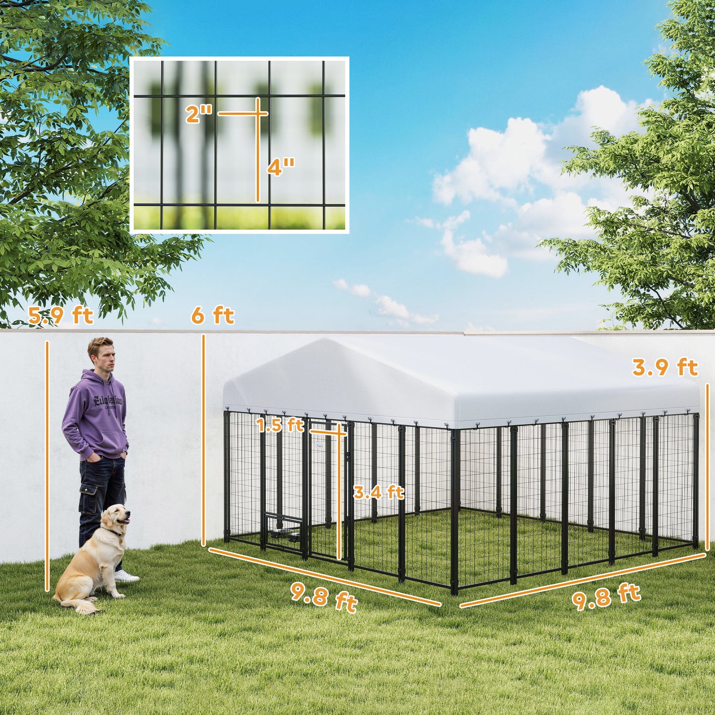 Outdoor Dog Kennel with Rotating Bowls Waterproof Cover Large Pet Cage