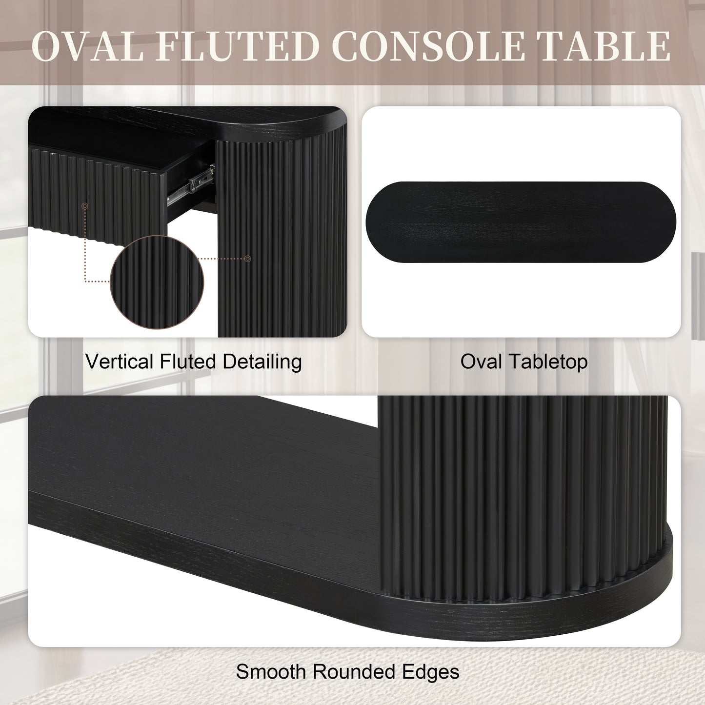 Oval Fluted Console Table with 2 Drawers & Bottom Shelf - Black