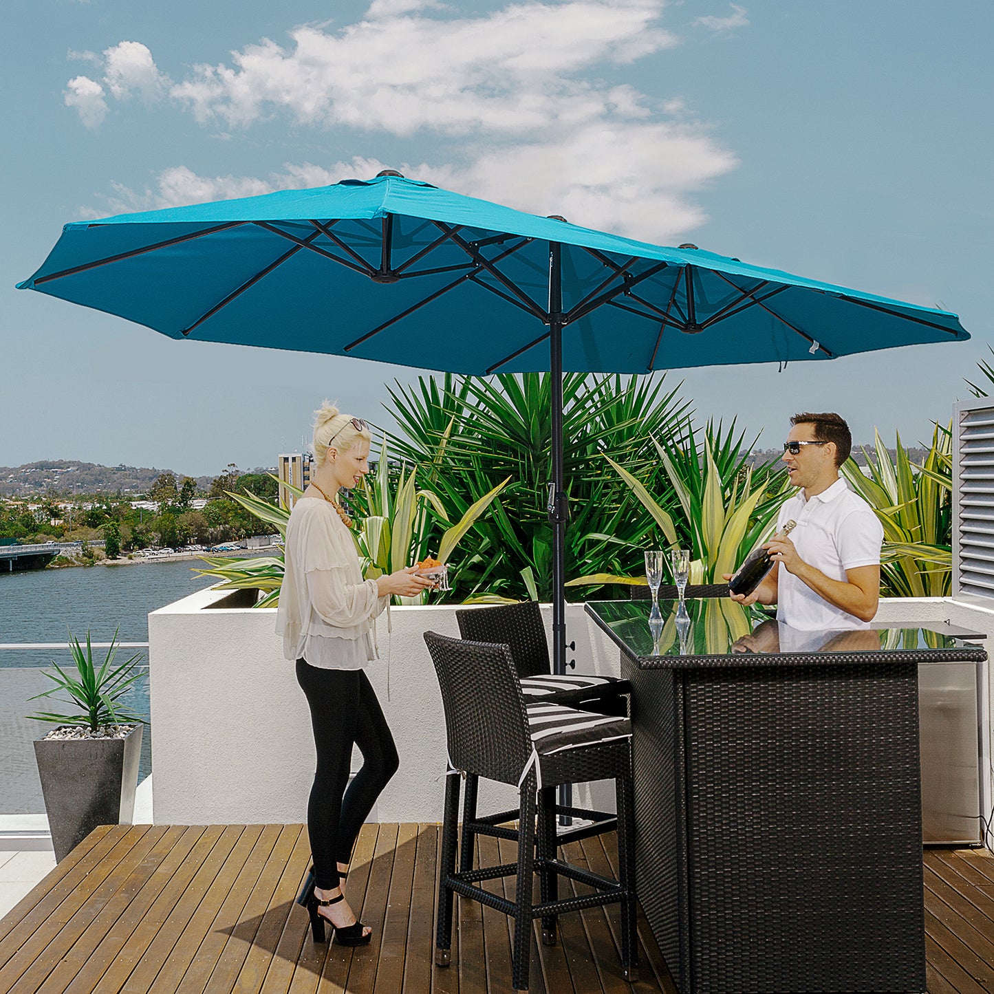 15ft Double-Sided Patio Umbrella with Crank - Blue