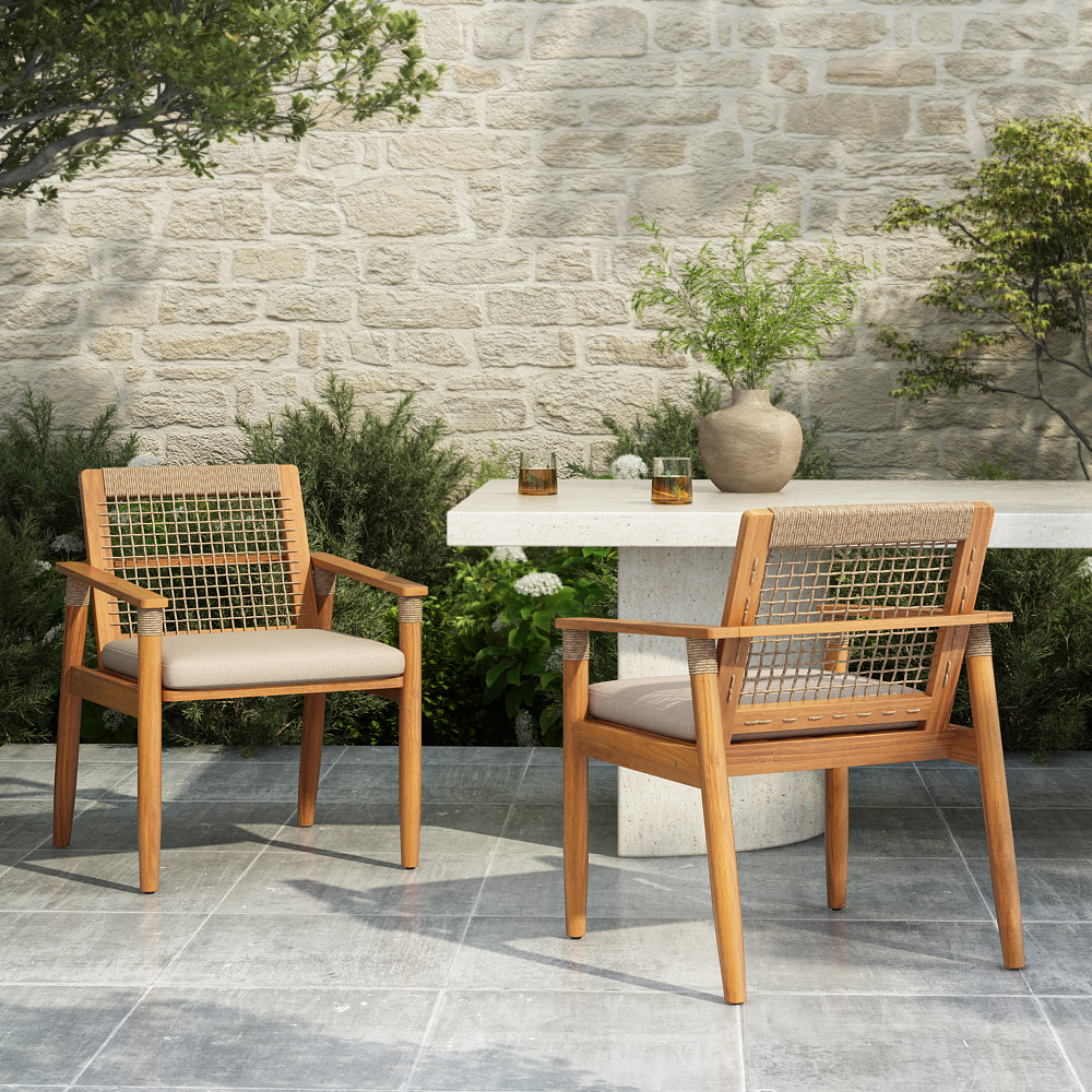 Acacia Wood Outdoor Dining Chairs Set of 2 with Beige Cushions