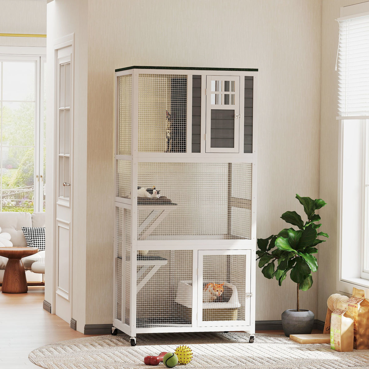 74-Inch Wooden Outdoor Cat Enclosure Weatherproof Wheeled Kitten Cage in White