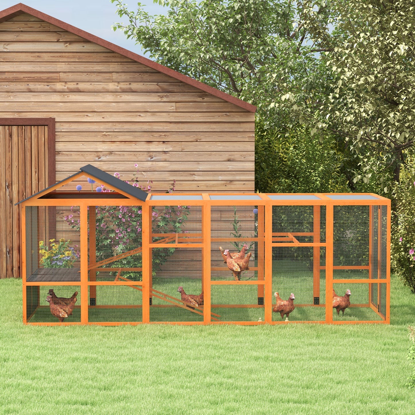Wooden Chicken Coop Run for 6-10 Chickens with Storage and Perches - 141.75 x 48 x 61 inches, Orange