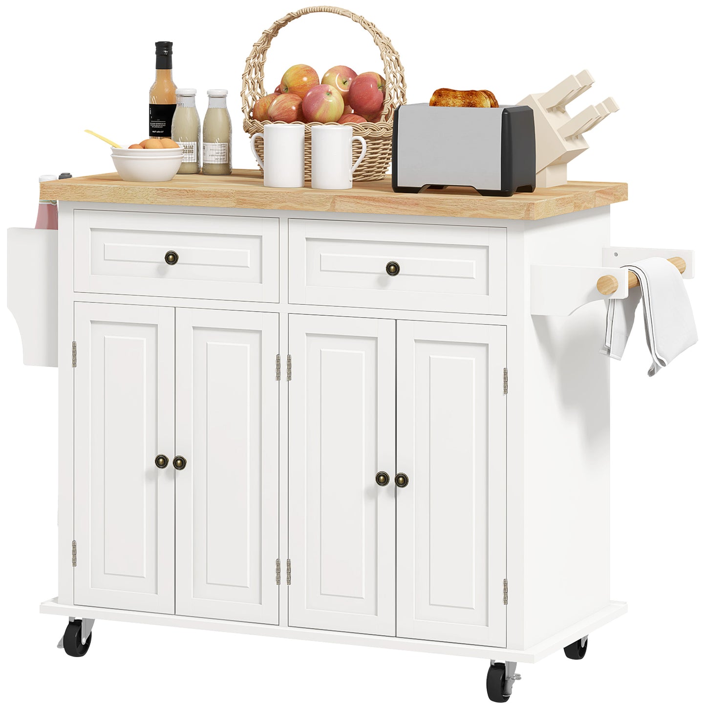 Rolling Kitchen Island Cart with Rubberwood Top & Storage - Cream White