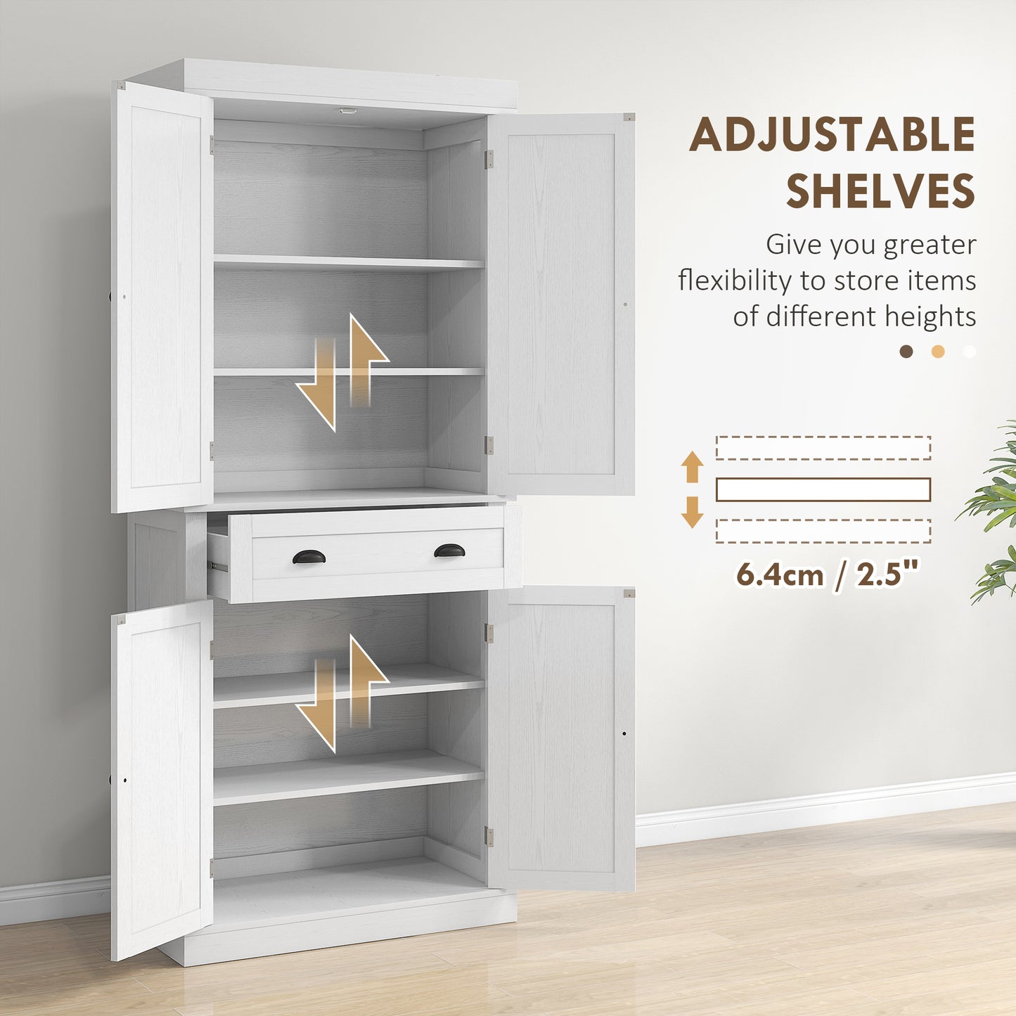 72.5" Freestanding Kitchen Pantry Cabinet with Doors & Shelves - White Wood Grain