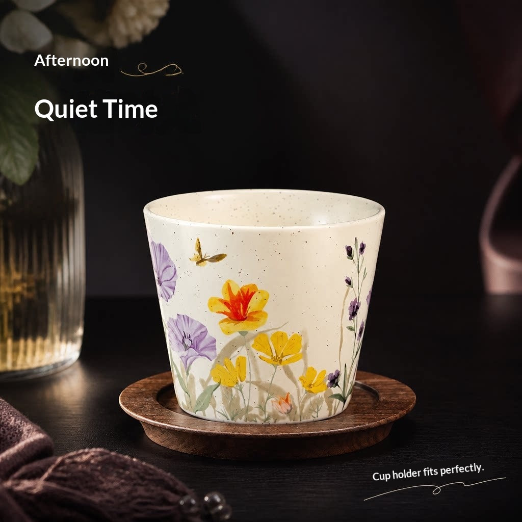 Retro Handheld Latte Art Coffee Cup 300ml Purple Bellflower Design