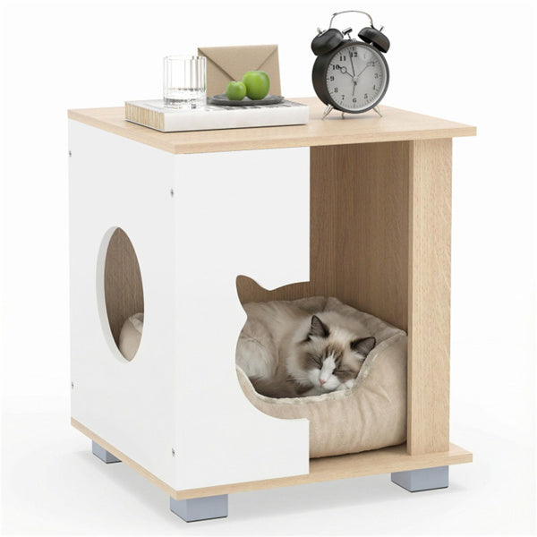 Wooden Cat House Nightstand with Metal Base - Anti-Slip Pet Furniture