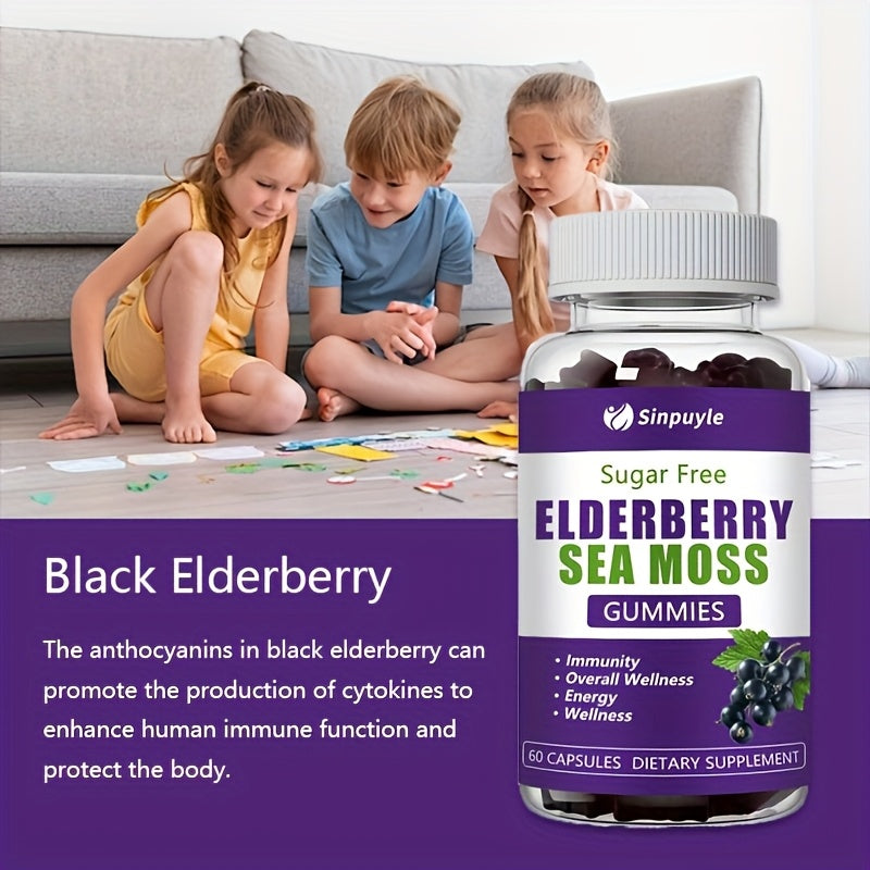 Sugar-Free Elderberry Sea Moss Gummies - Immune Support & Energy Boost - 60ct