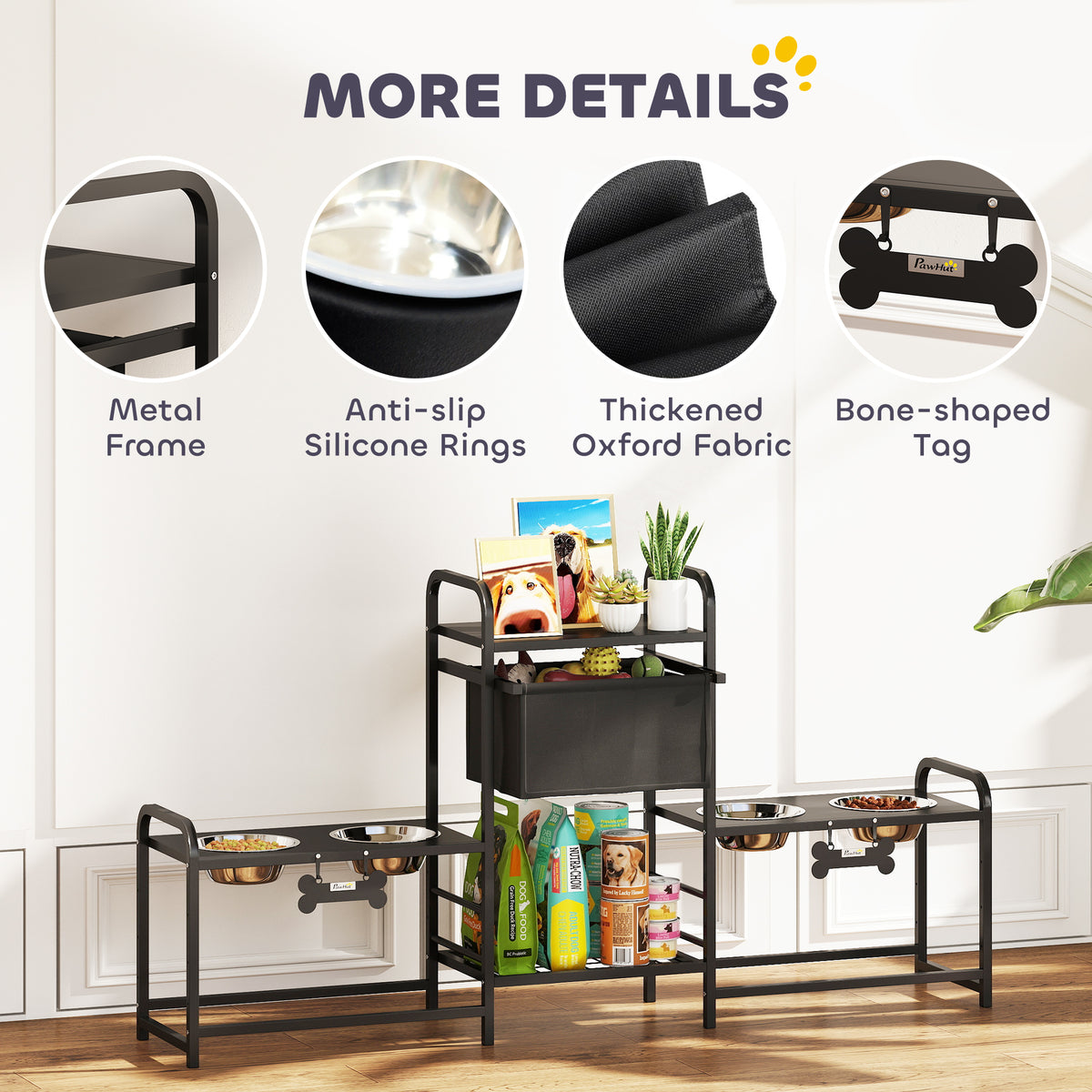Height Adjustable Dog Bowl Stand with 4 Elevated Bowls and Toy Bin - Black