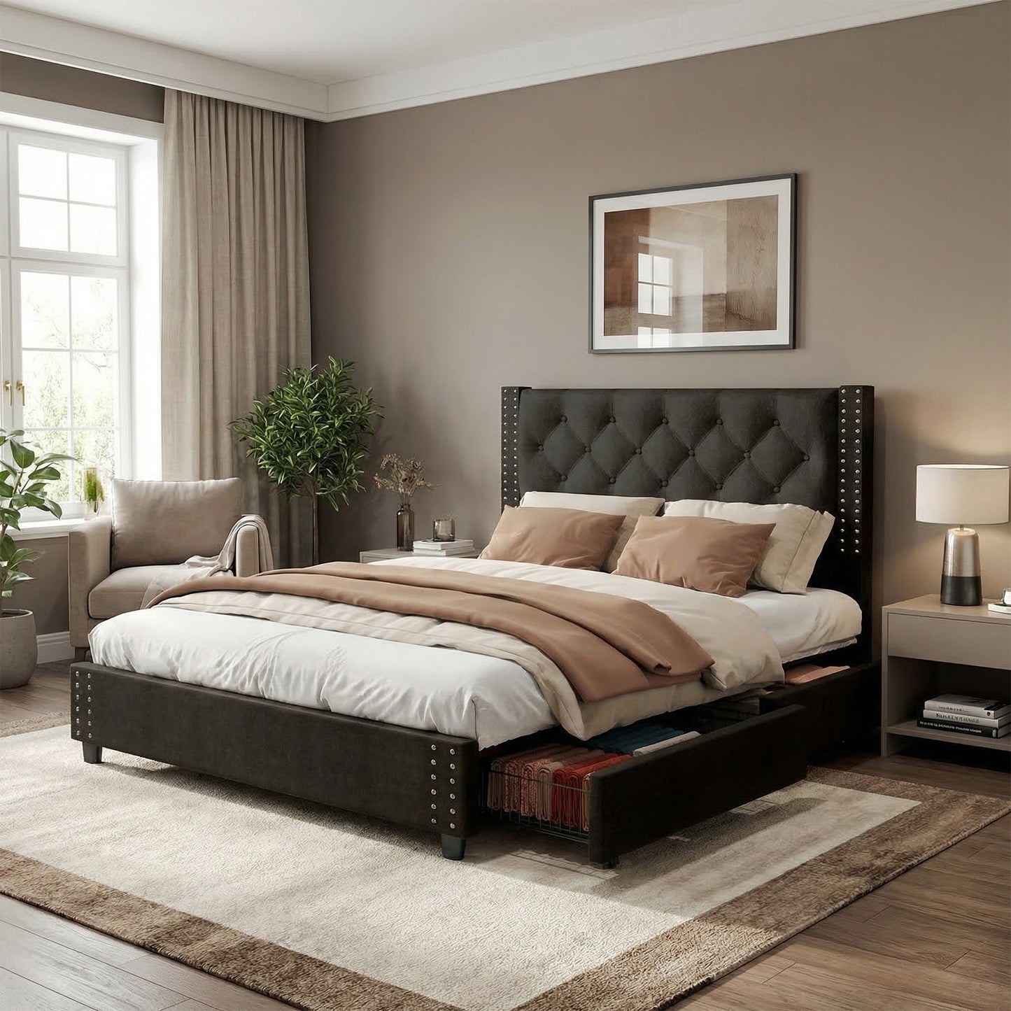 Full Size Bed Frame With Upholstered Button Tufted Headboard Wood