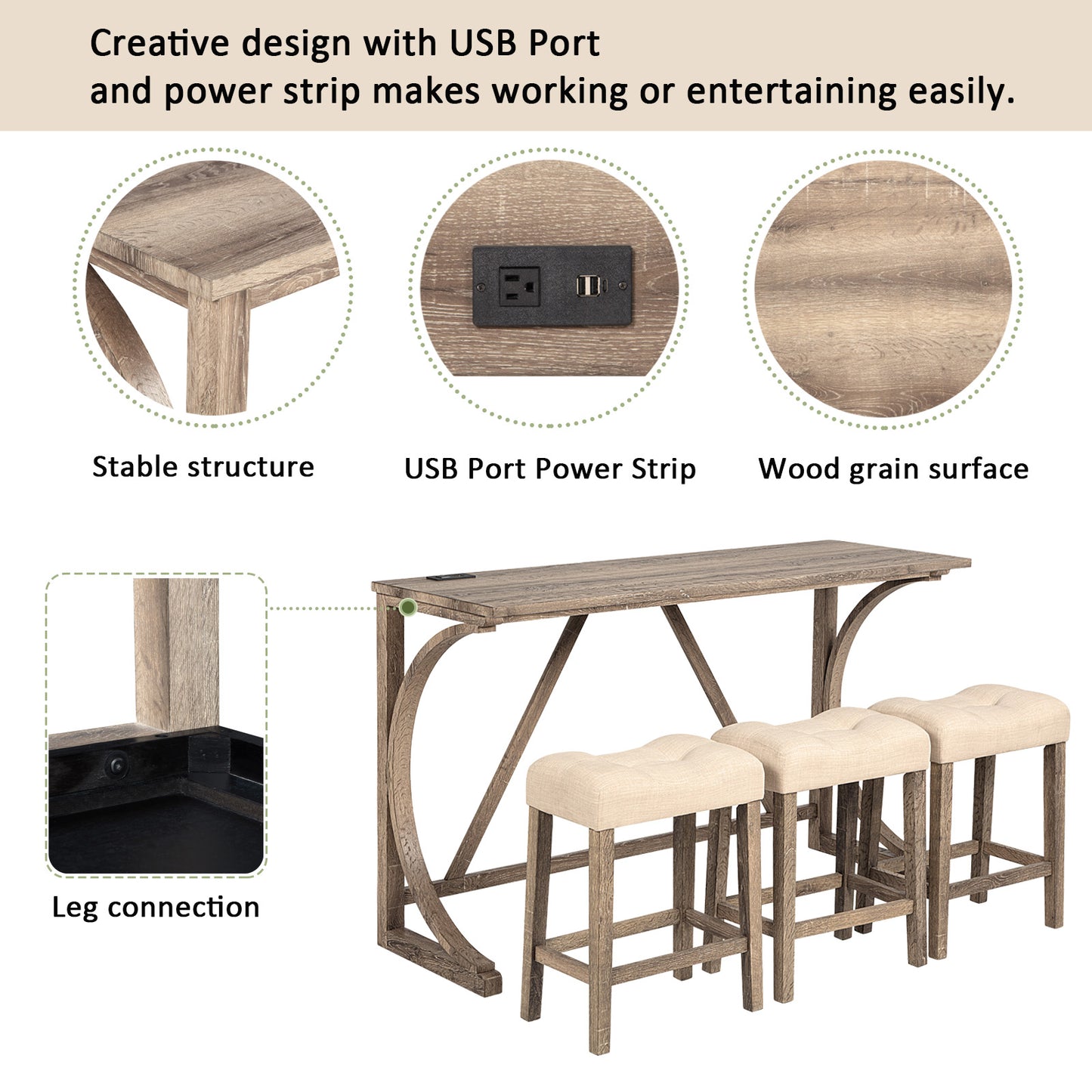 Bar Table Set with Power Outlet - 4-Piece Dining Set with 3 Stools, Brown
