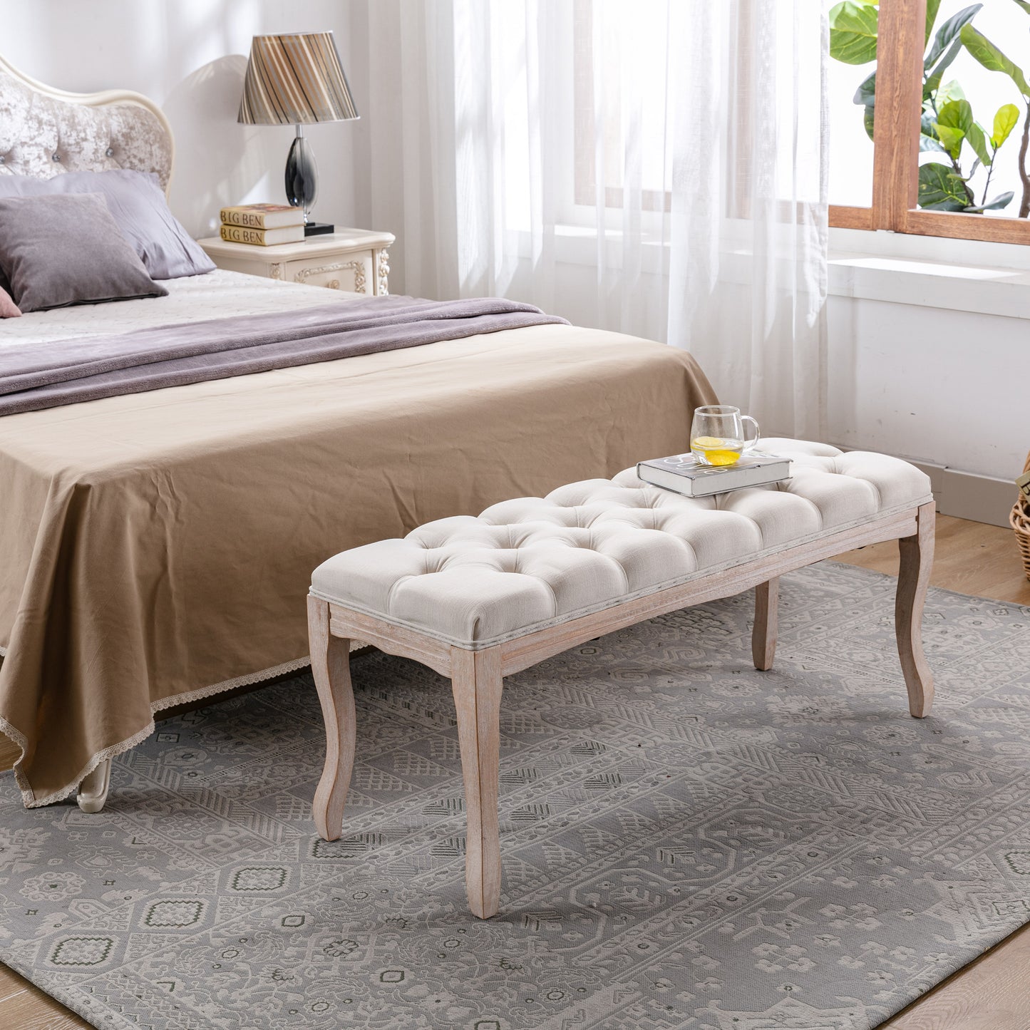 French Vintage Tufted Upholstered Bedroom Bench - Beige