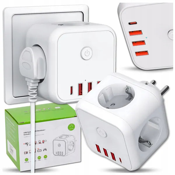 7-in-1 Multi-Function Electrical Socket Adapter 250V 4000W EU Plug USB-C