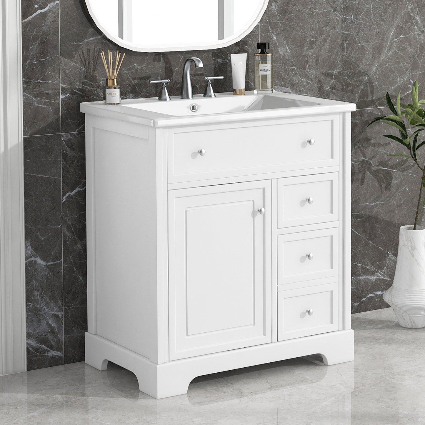 30" Bathroom Vanity with Sink Top - White Cabinet with Drawers