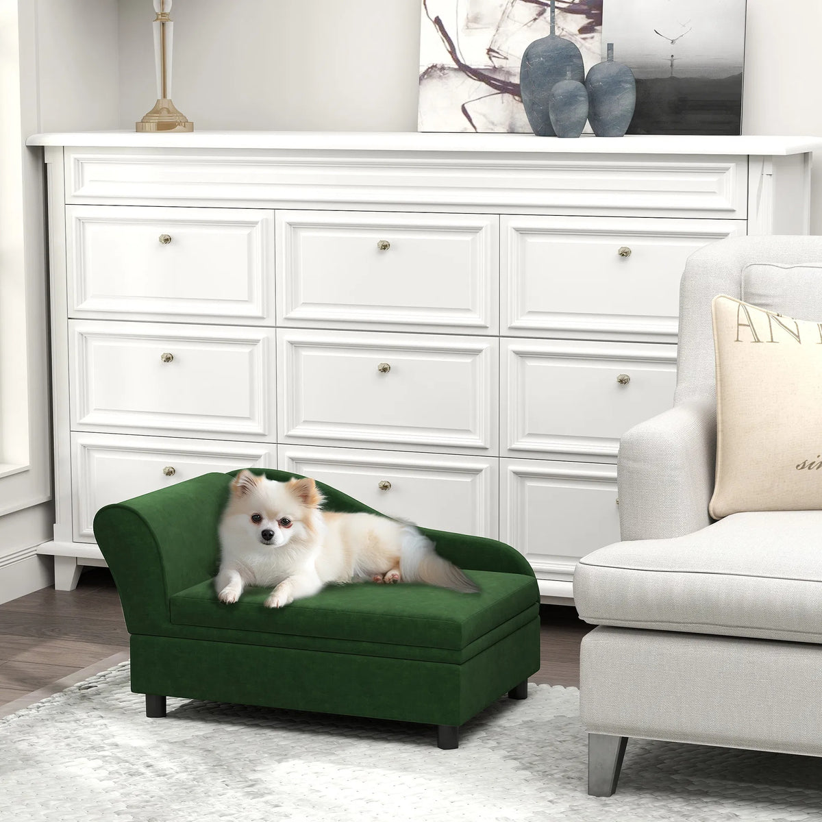 Green Pet Sofa Bed with Hidden Storage for Cats & Small Dogs