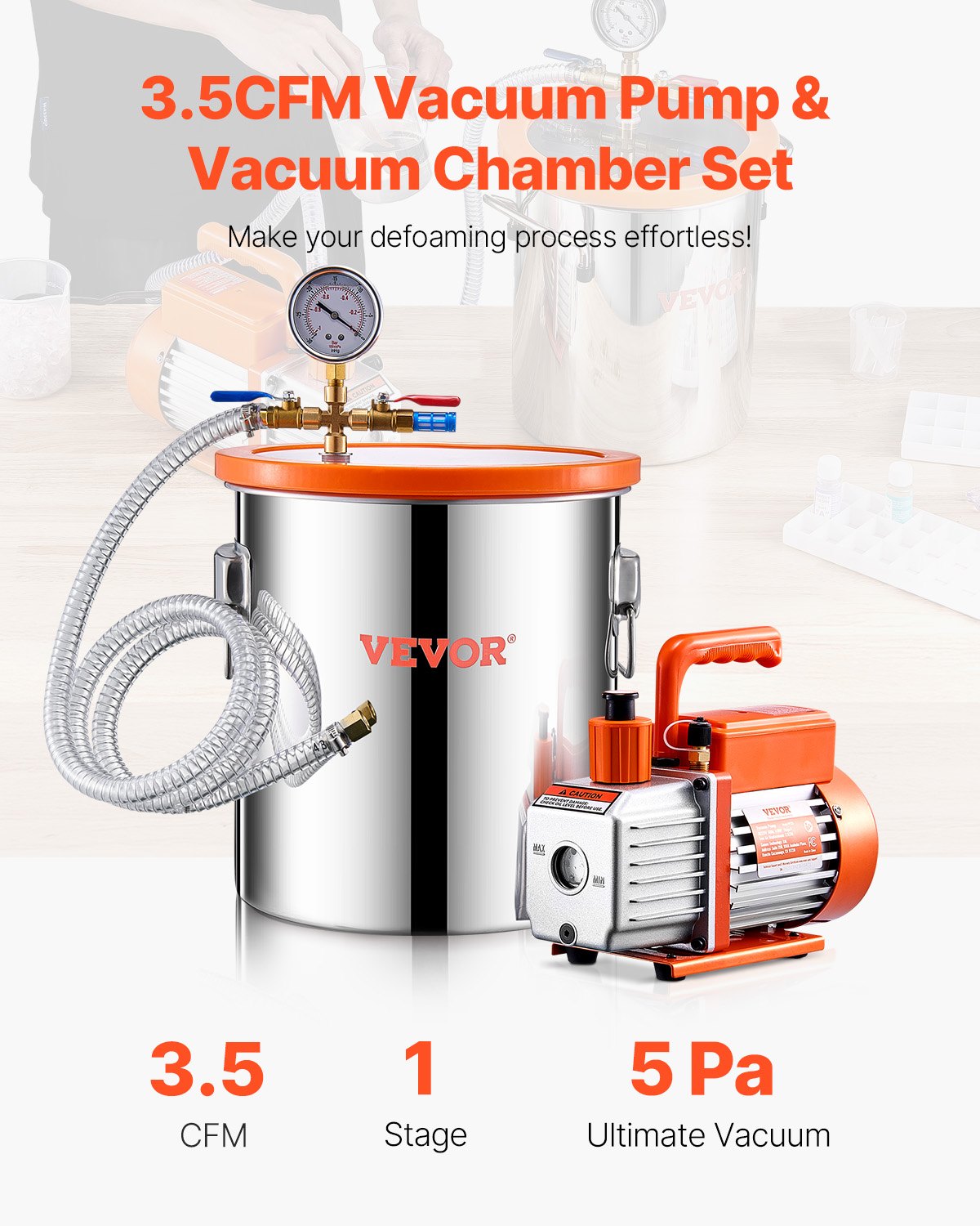 5 Gallon Vacuum Chamber Kit with 3.5 CFM Single-Stage Pump - Orange