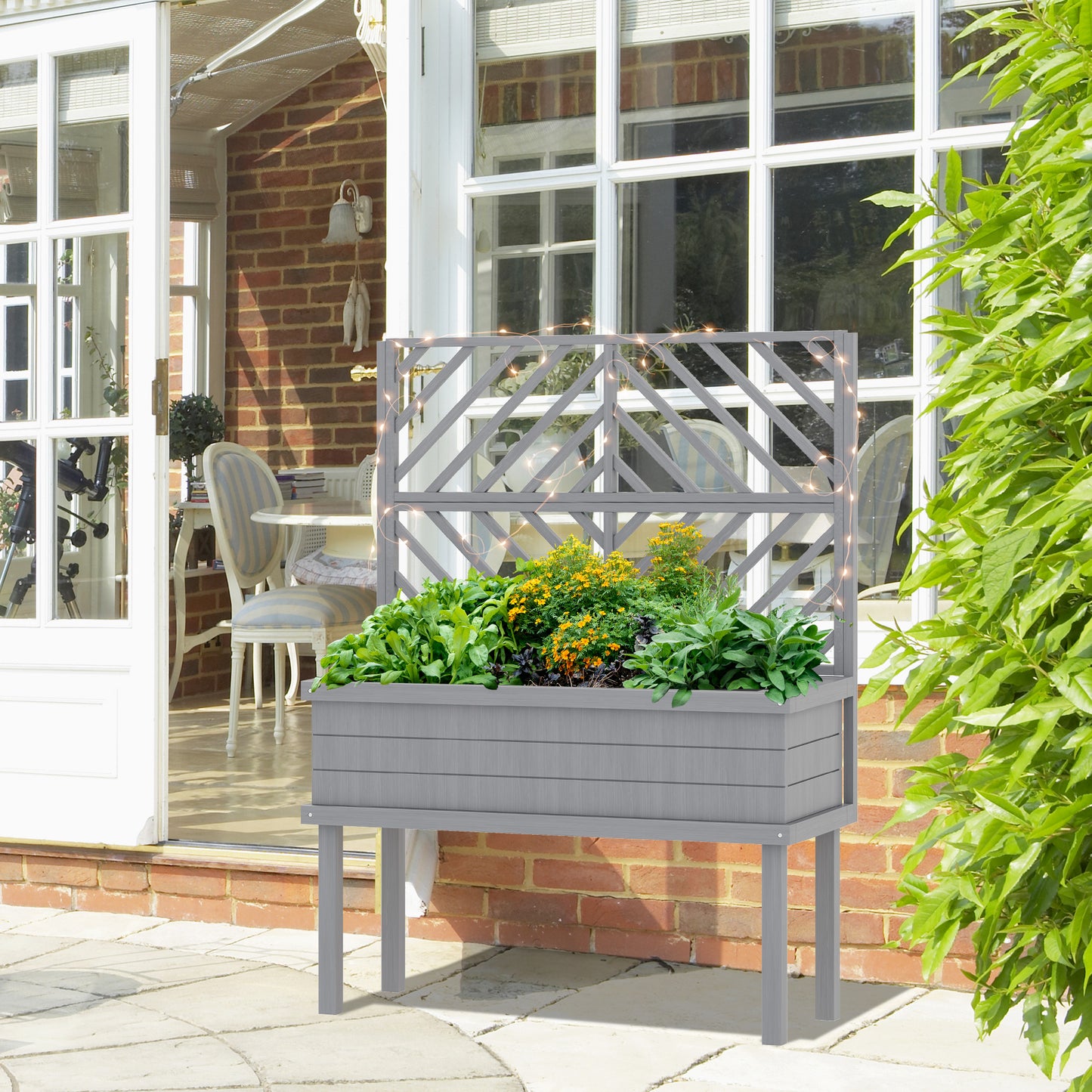 Wood Planter with Trellis for Climbing Plants - Raised Garden Bed, Gray
