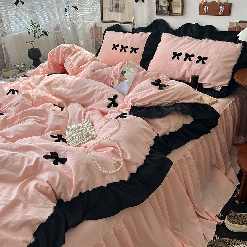 Cream Ins Girl Bow Lace Cotton Bedding Set - Multiple Sizes & Patterns
