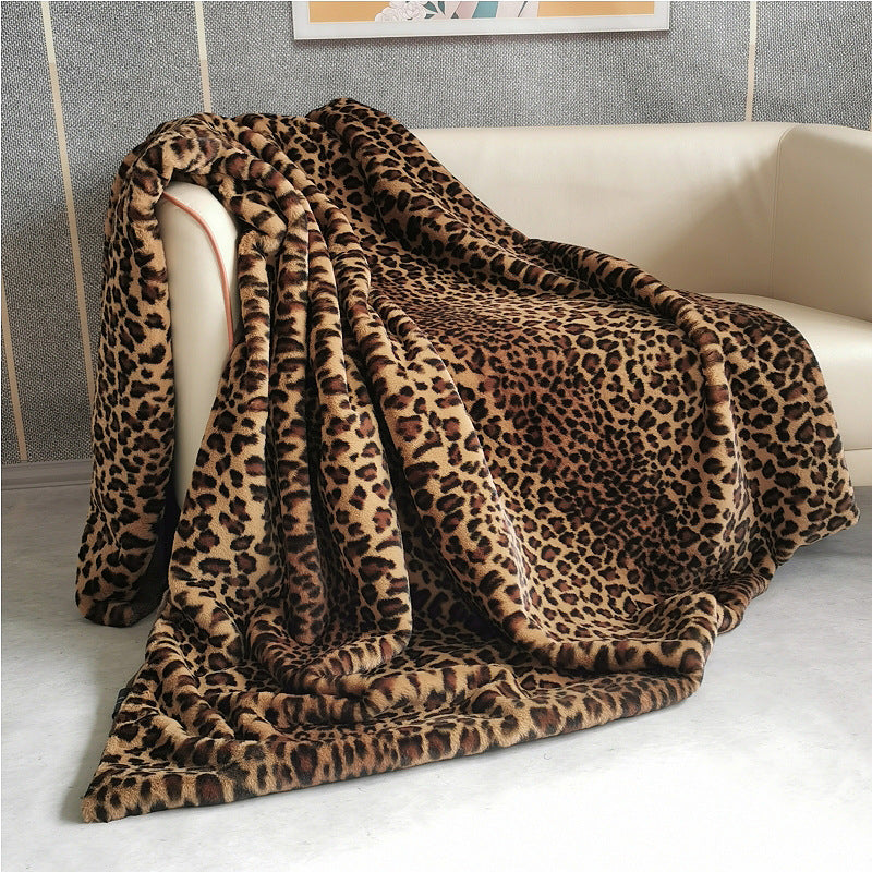 Leopard Print Faux Fur Blanket - Soft Polyester Bedding for All Seasons