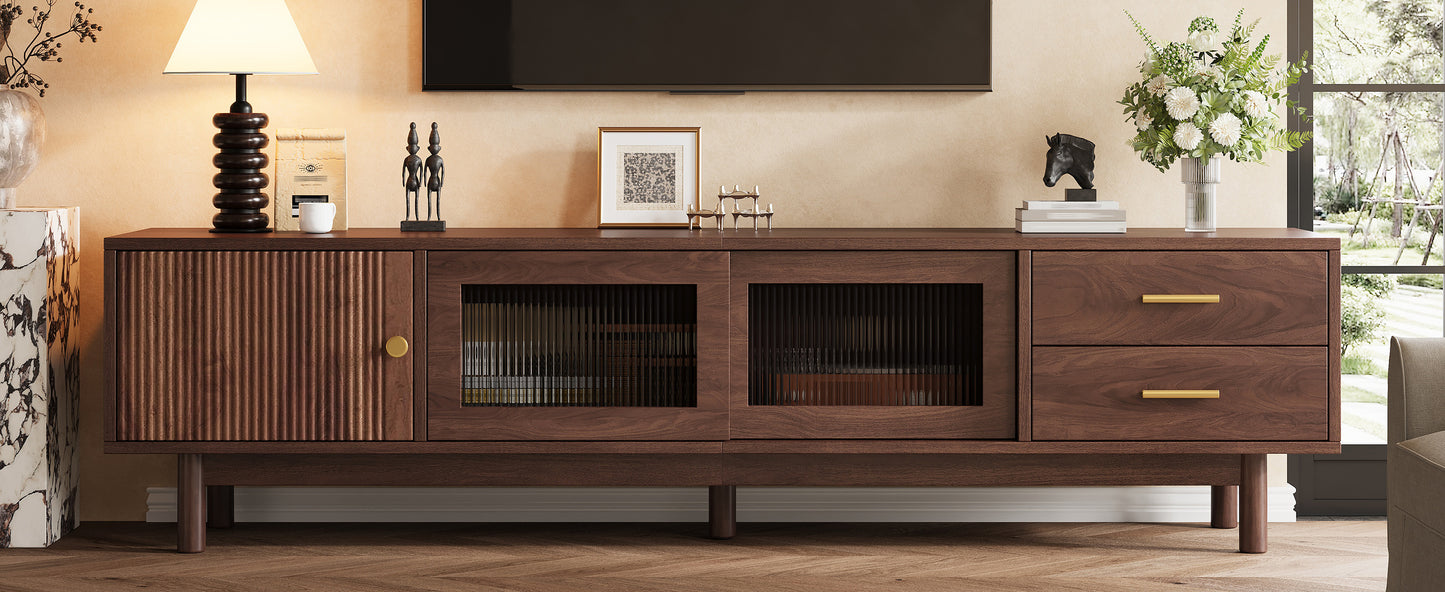 70-Inch Mid Century Modern TV Stand with Glass Sliding Doors