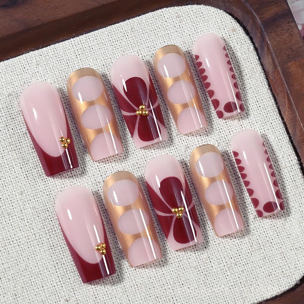 Printed Golden Square Press-On Nails with Floral Design - 24pcs