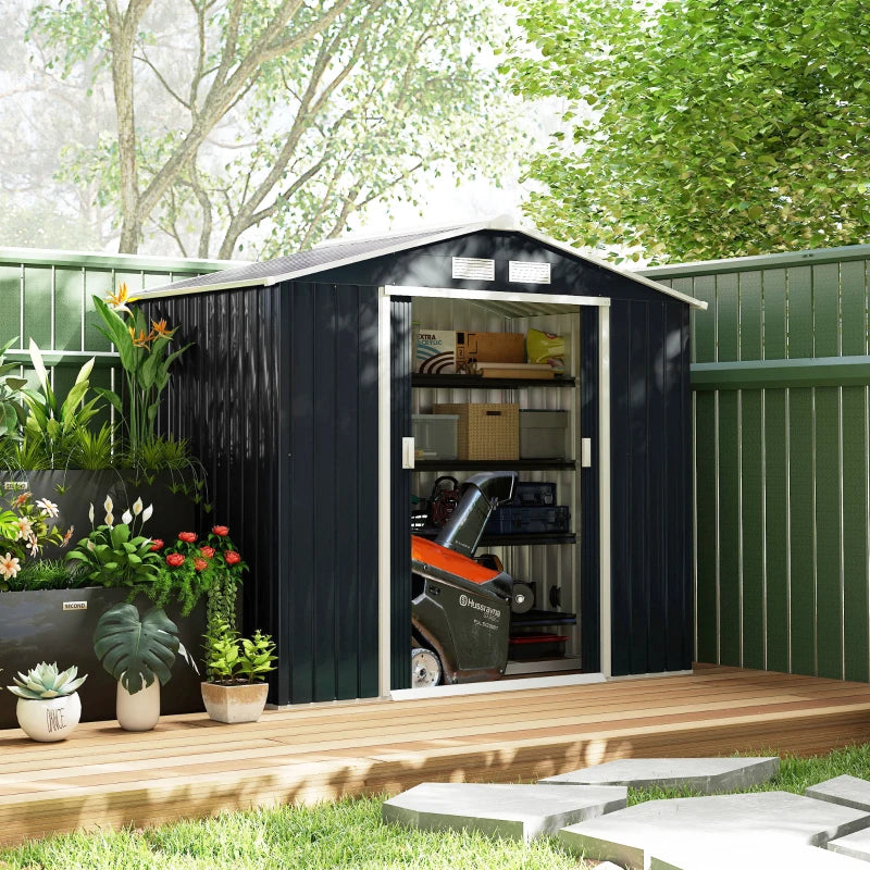 7x4 ft Metal Outdoor Garden Shed with Sliding Doors & Ventilation - Dark Gray