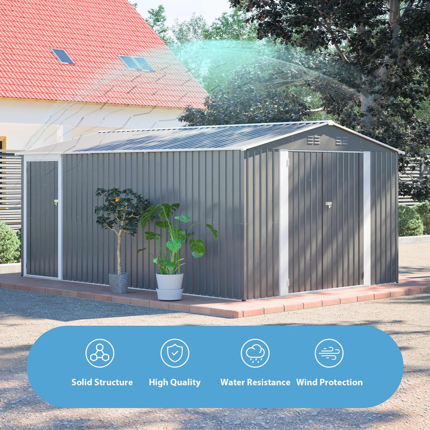 10x14 FT Metal Outdoor Storage Shed with Lockable Doors - Gray