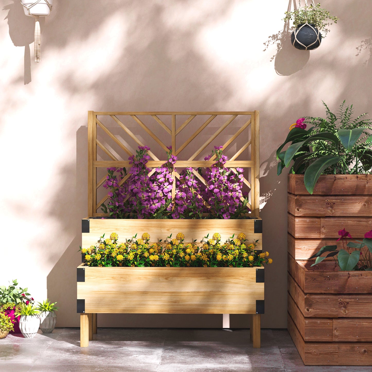 Wooden Raised Garden Bed with Trellis - Natural 1185x395x275 mm