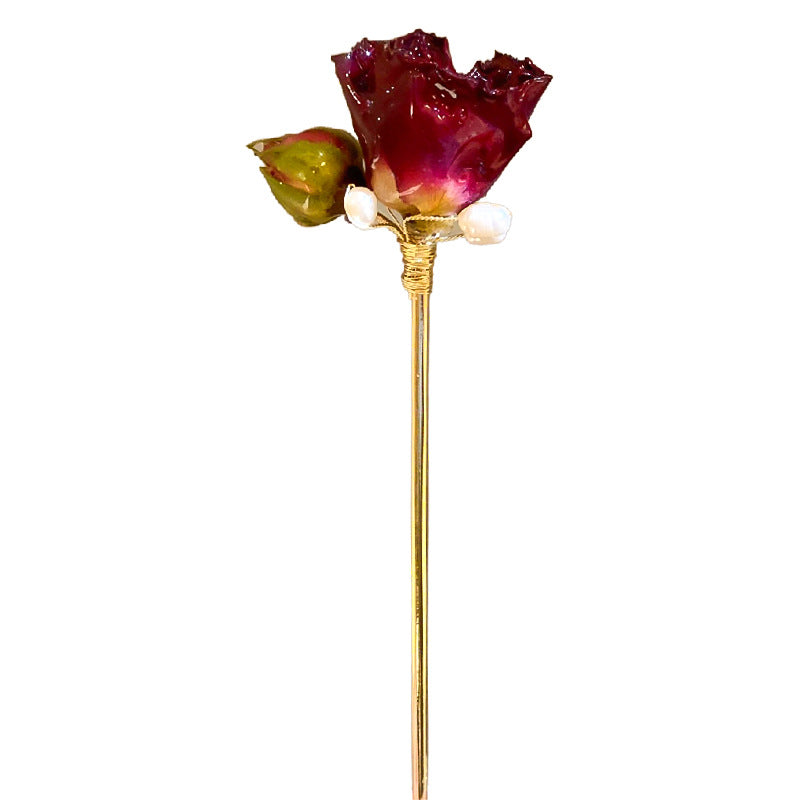 Chinese Style Rose Pearl Hairpin - Golden Red Acrylic Hair Accessory