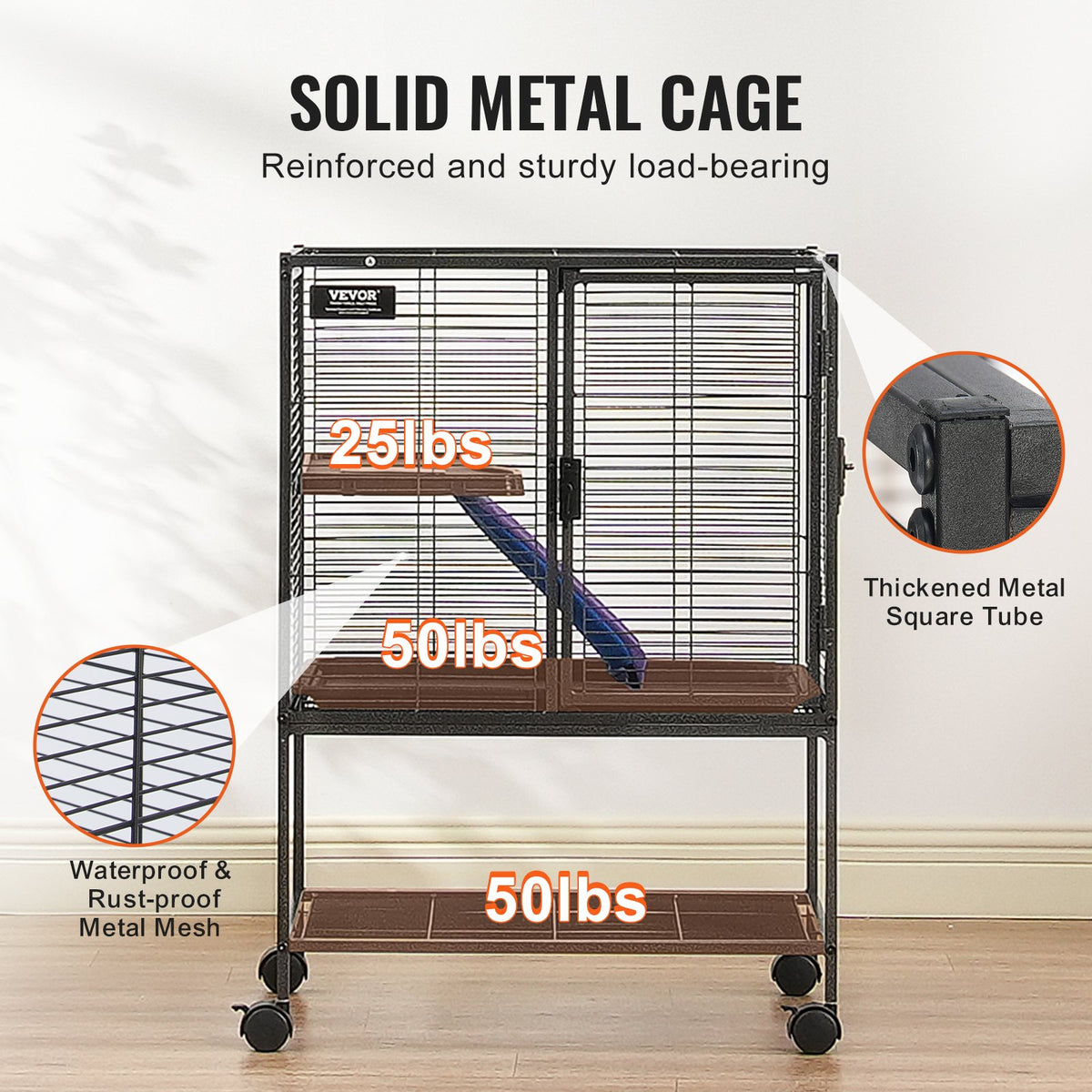 Small Animal Cage 2-Tier Rolling Ferret Enclosure with Tray and Ramp - Black