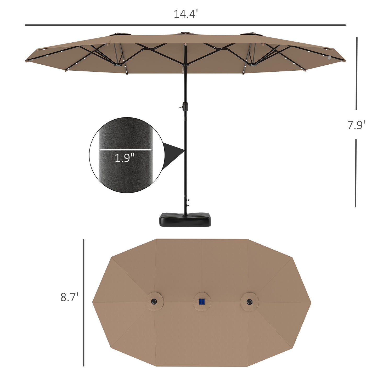 14.4 Ft Double-Sided Garden Parasol with LED Solar Lights - Khaki