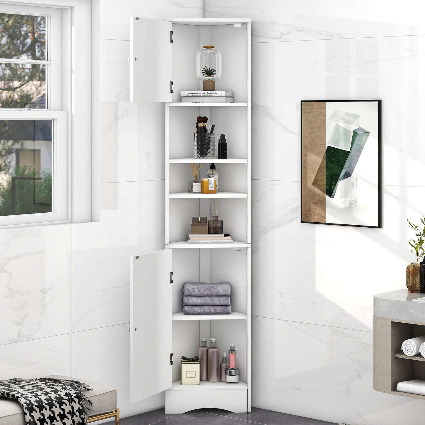 Tall Corner Bathroom Storage Cabinet with Adjustable Shelves - White