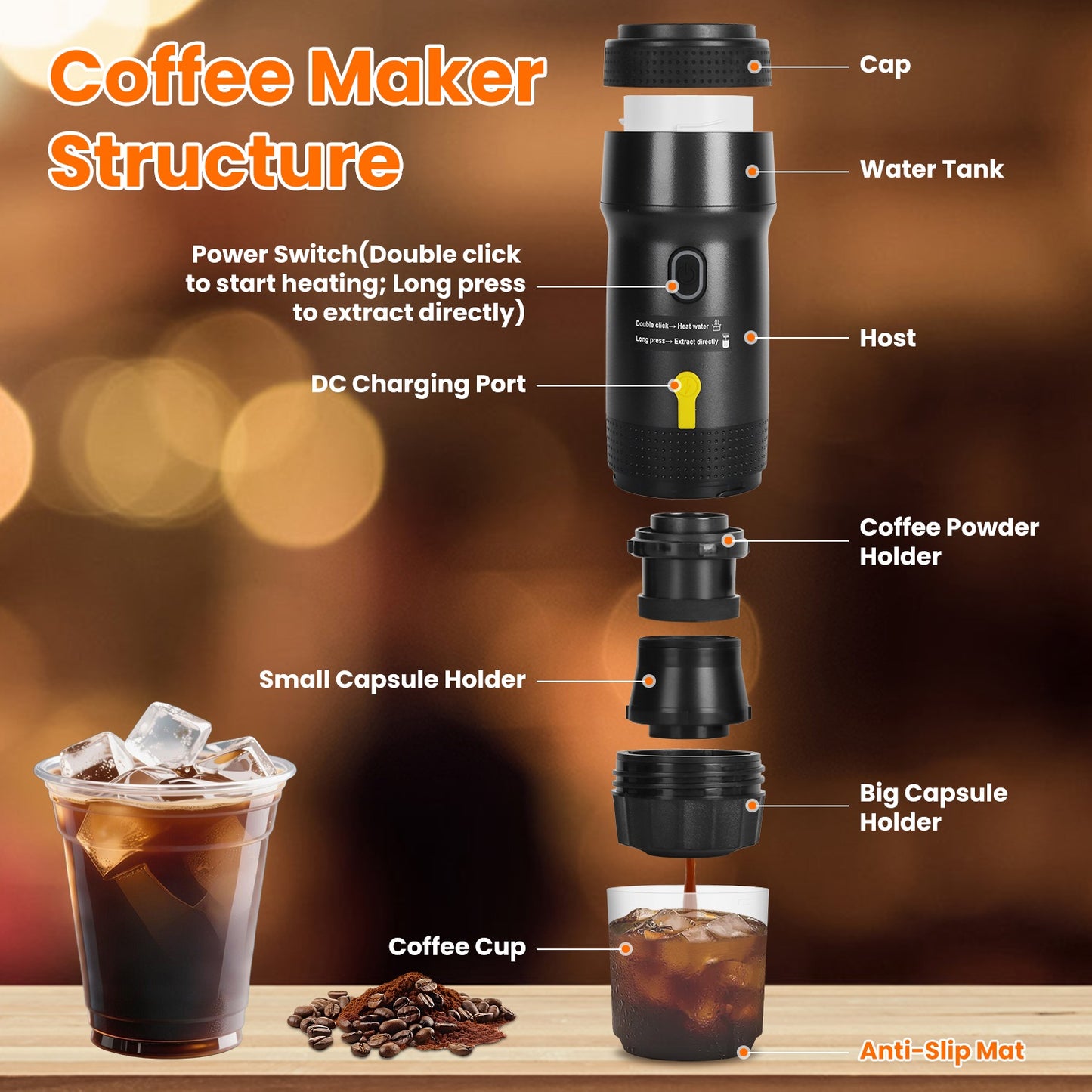 Cordless Portable Espresso Machine with Self-Heating for Ground Coffee and Capsules - Black