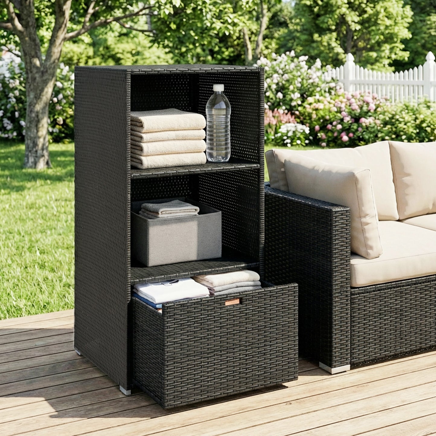 Water-Resistant Pool Towel Rack with 2 Shelves and Basket Drawer