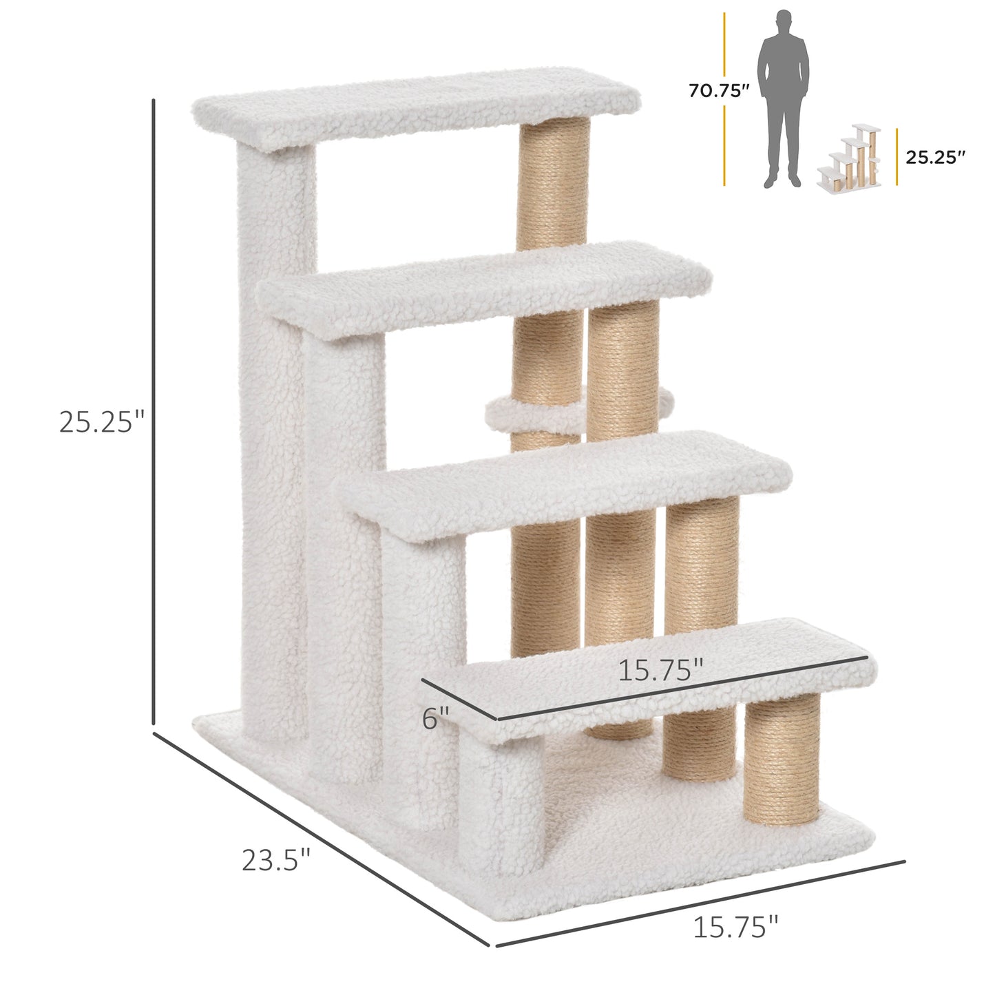 White 4-Level Cat Steps with Scratching Posts for High Beds and Sofas