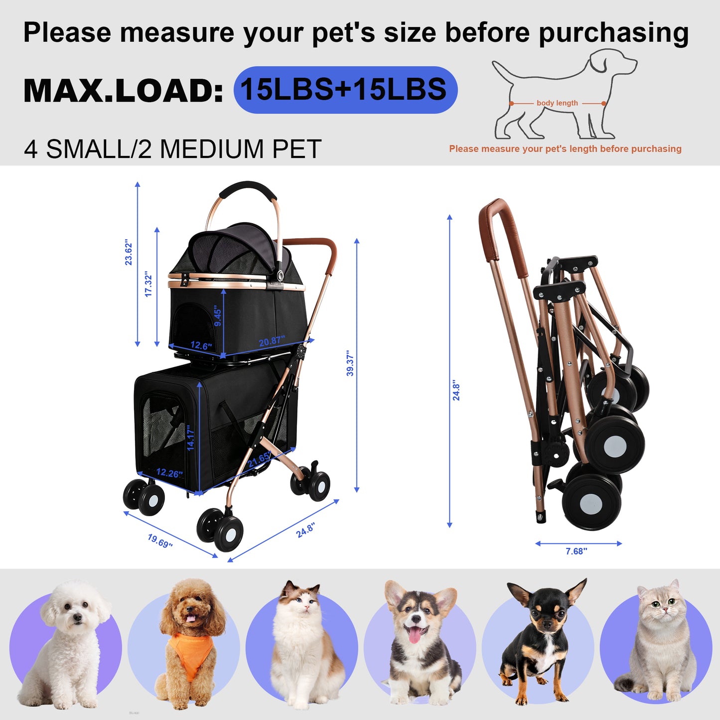 Double Pet Stroller 3-in-1 Foldable Carrier for Small & Medium Dogs Cats - Shockproof Wheels & Safety Leashes