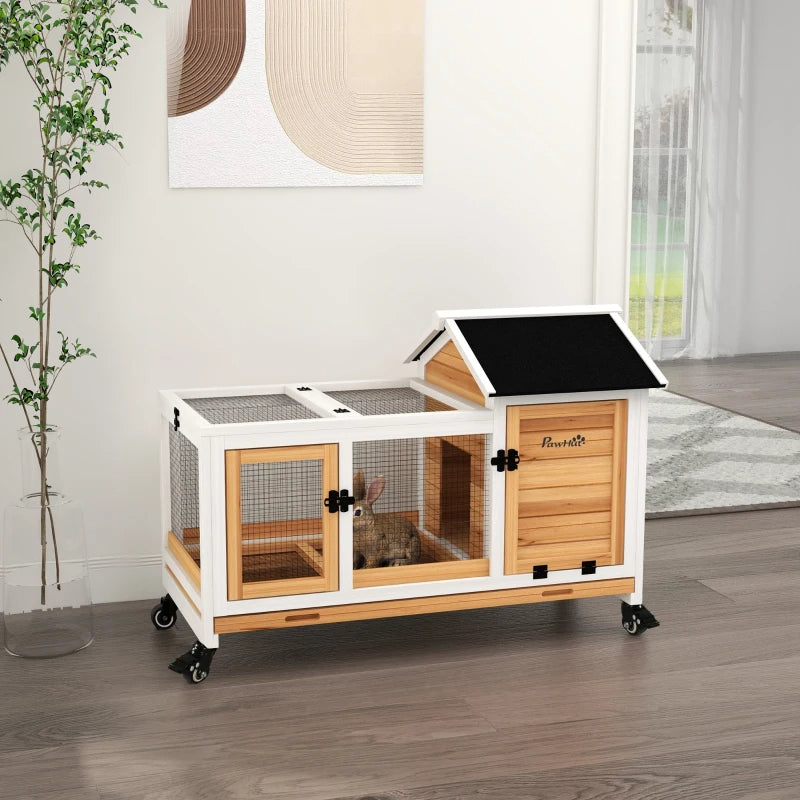 Wooden Rabbit Hutch with Wheels and Run - Small Animal Cage, Yellow & White