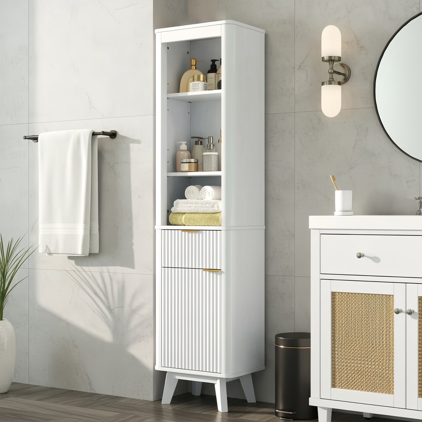 68" Tall Bathroom Storage Cabinet with Adjustable Shelves & Drawer - White