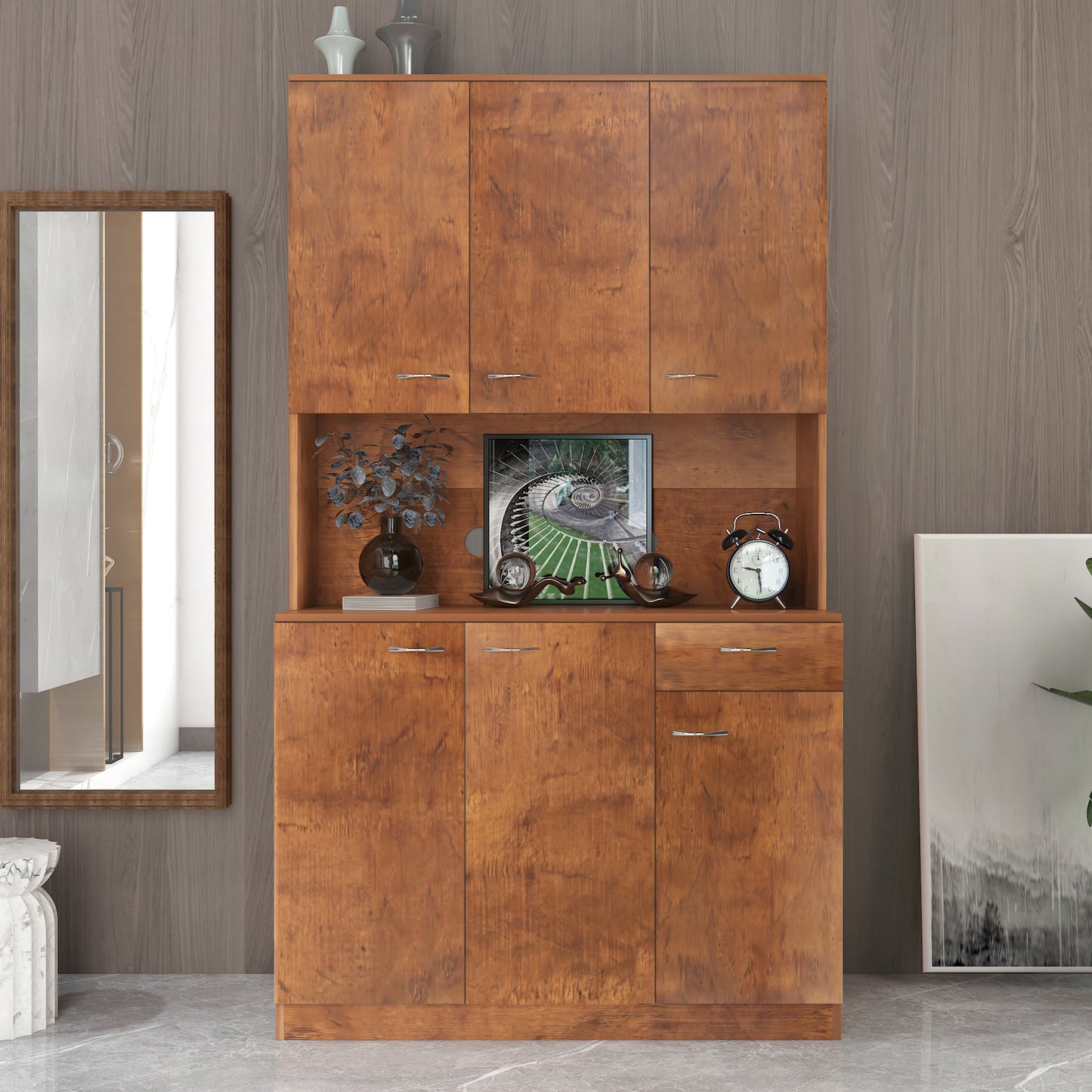 70.87" Tall Wardrobe & Kitchen Cabinet with 6 Doors, Open Shelf & Drawer - Walnut