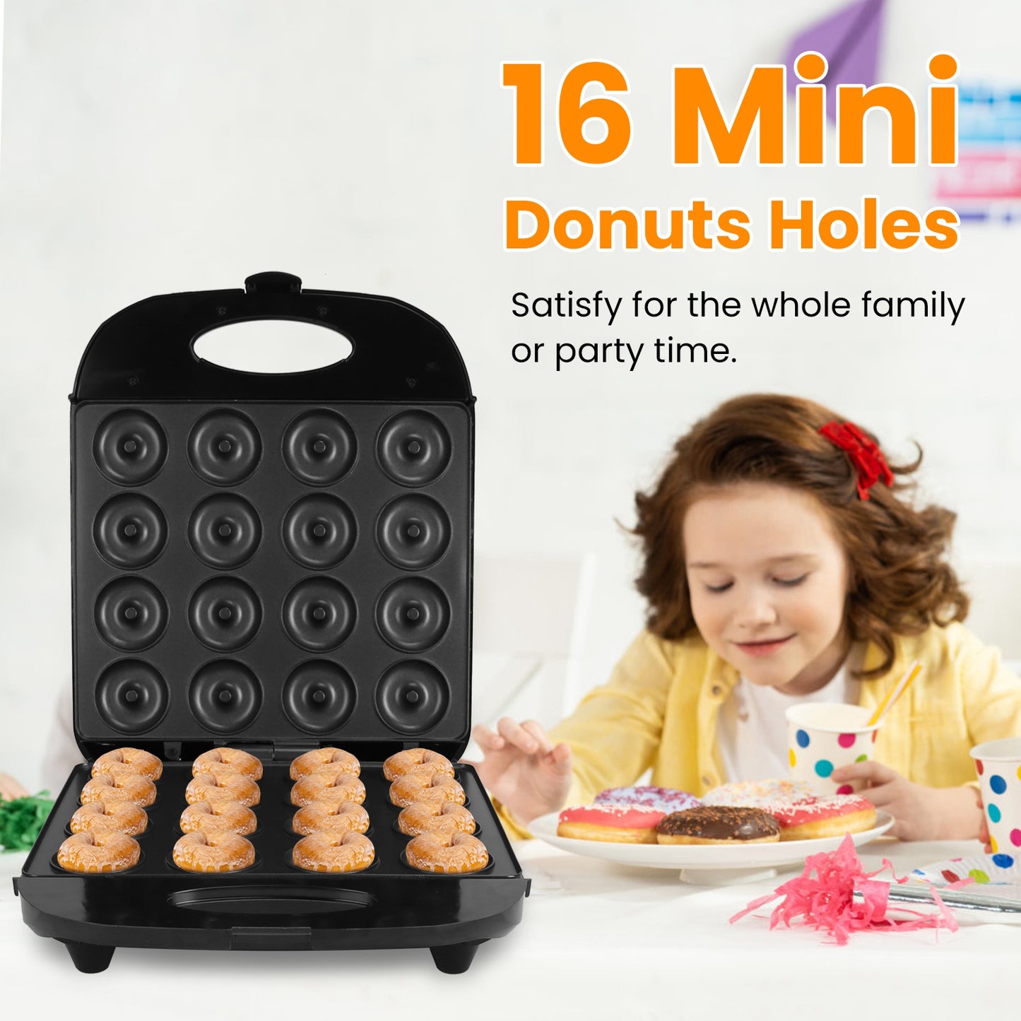 Mini Donut Maker Machine for Kids & Family, 16 Non-Stick Doughnuts, Black