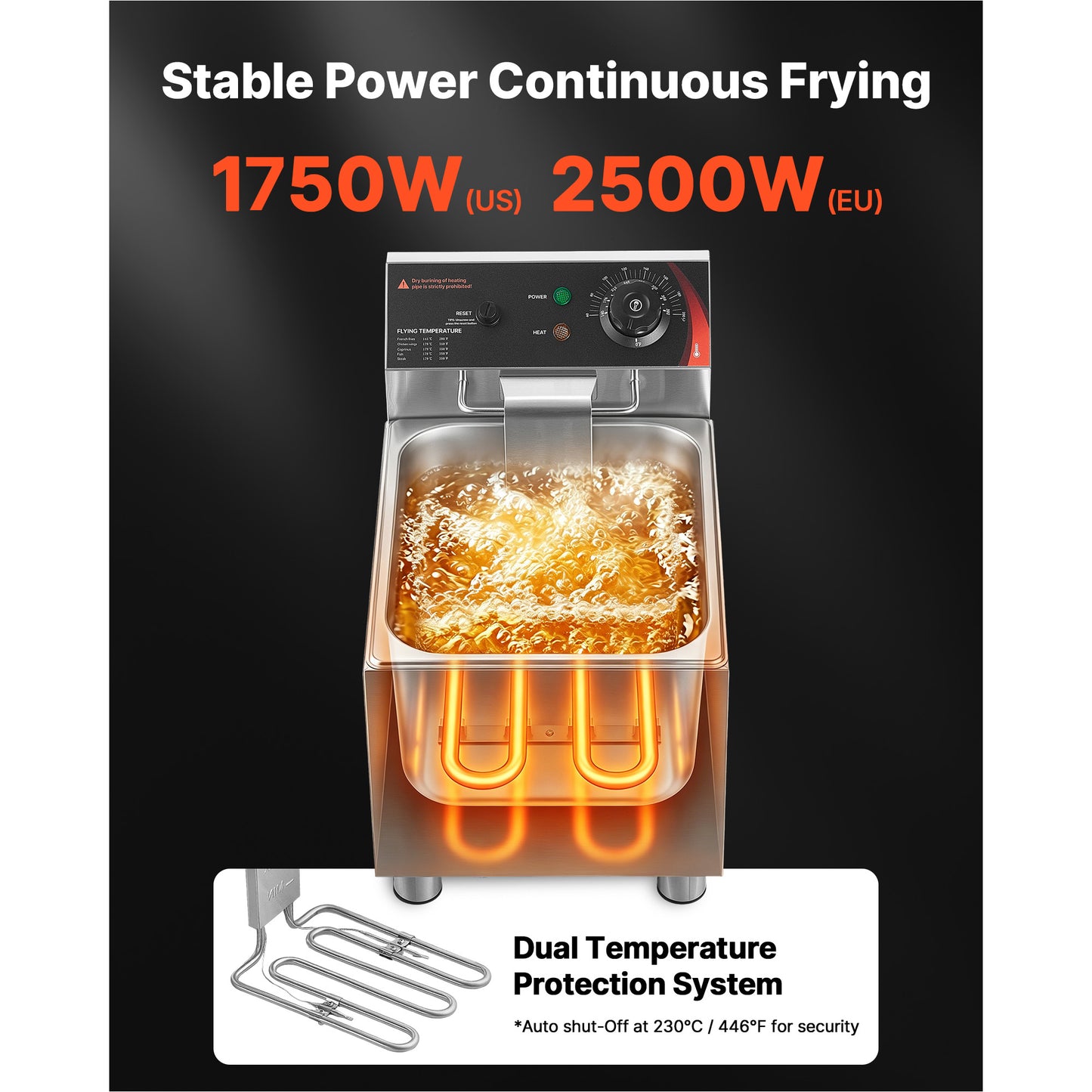 12.15 Qt Commercial Deep Fryer - 1750W Stainless Steel Countertop Fryer with Basket & Lid
