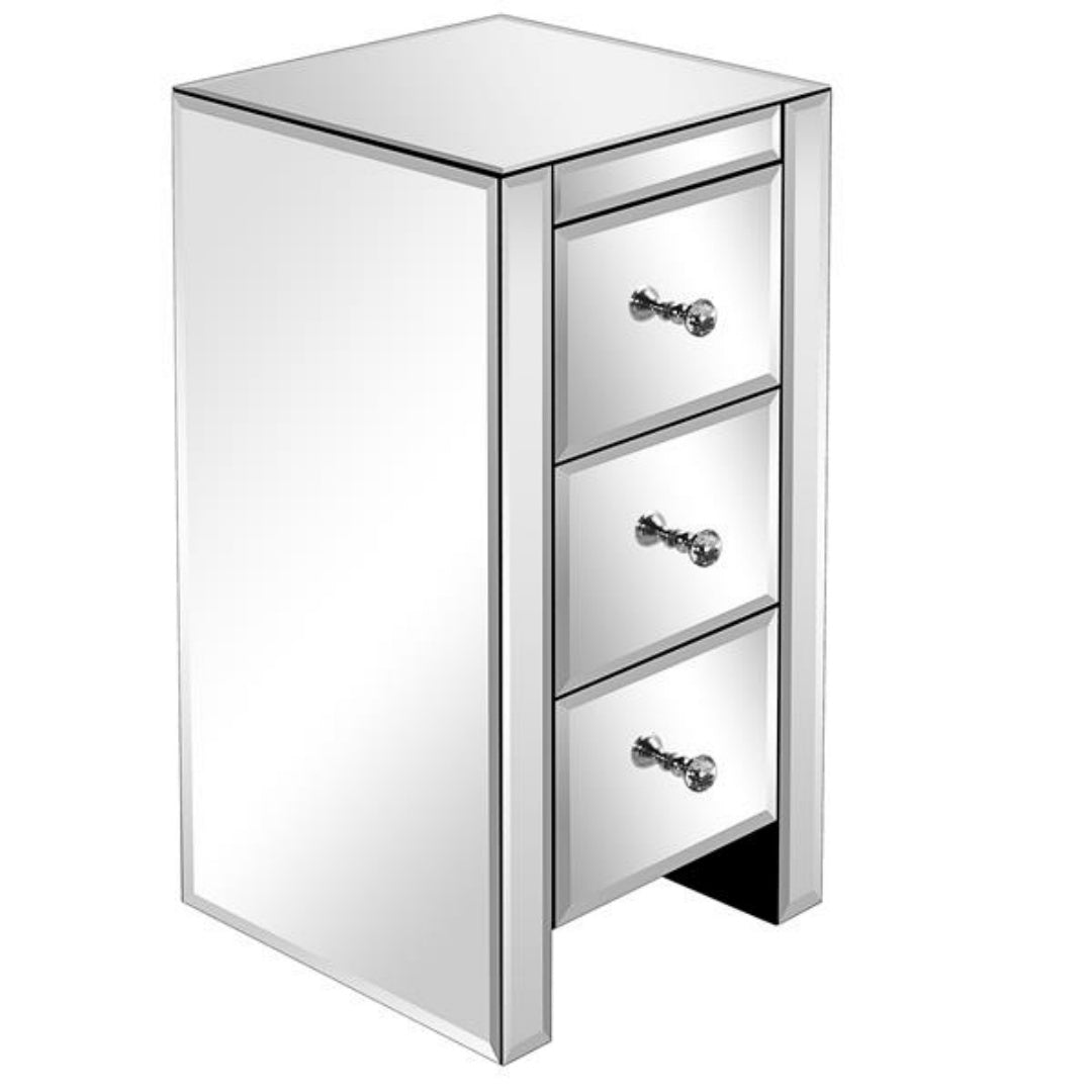Mirrored Glass Bedside Table with 3 Drawers - Silver
