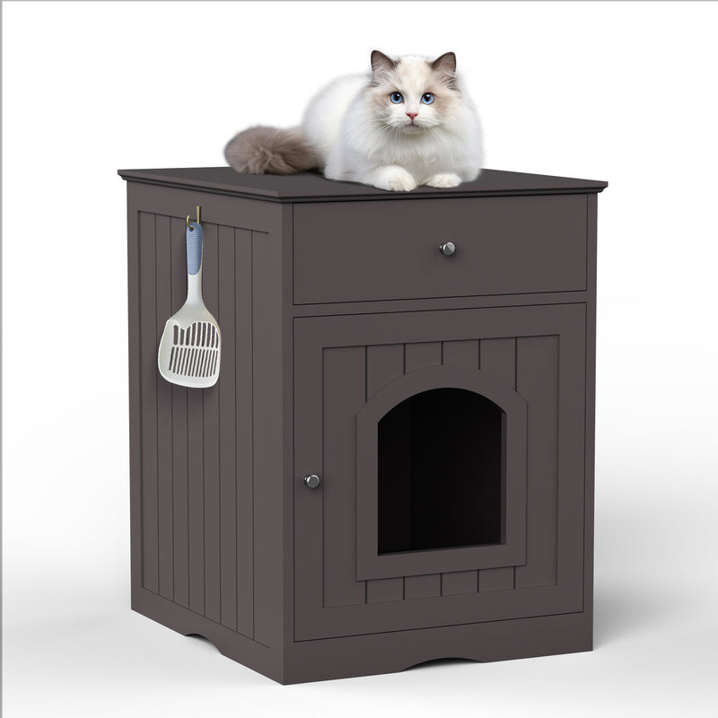 Black Wooden Cat Litter Box Enclosure with Drawer & Side Table - Indoor Pet Nightstand