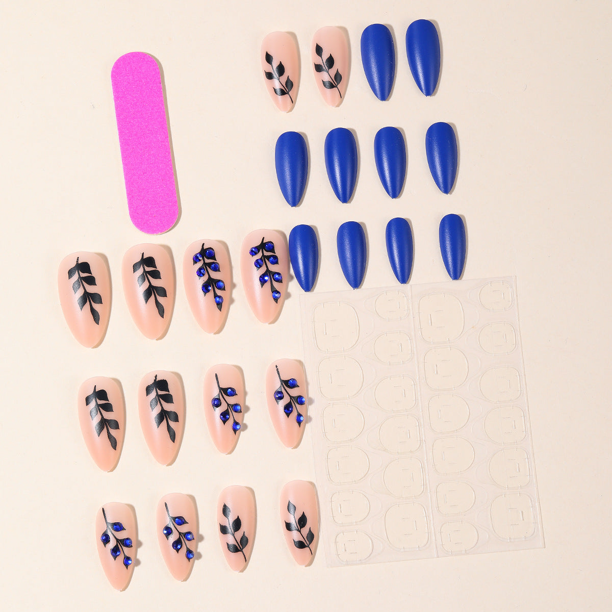 Blue Almond-Shaped Matte Nail Tips with Diamond Accents - Detachable, Easy Wear