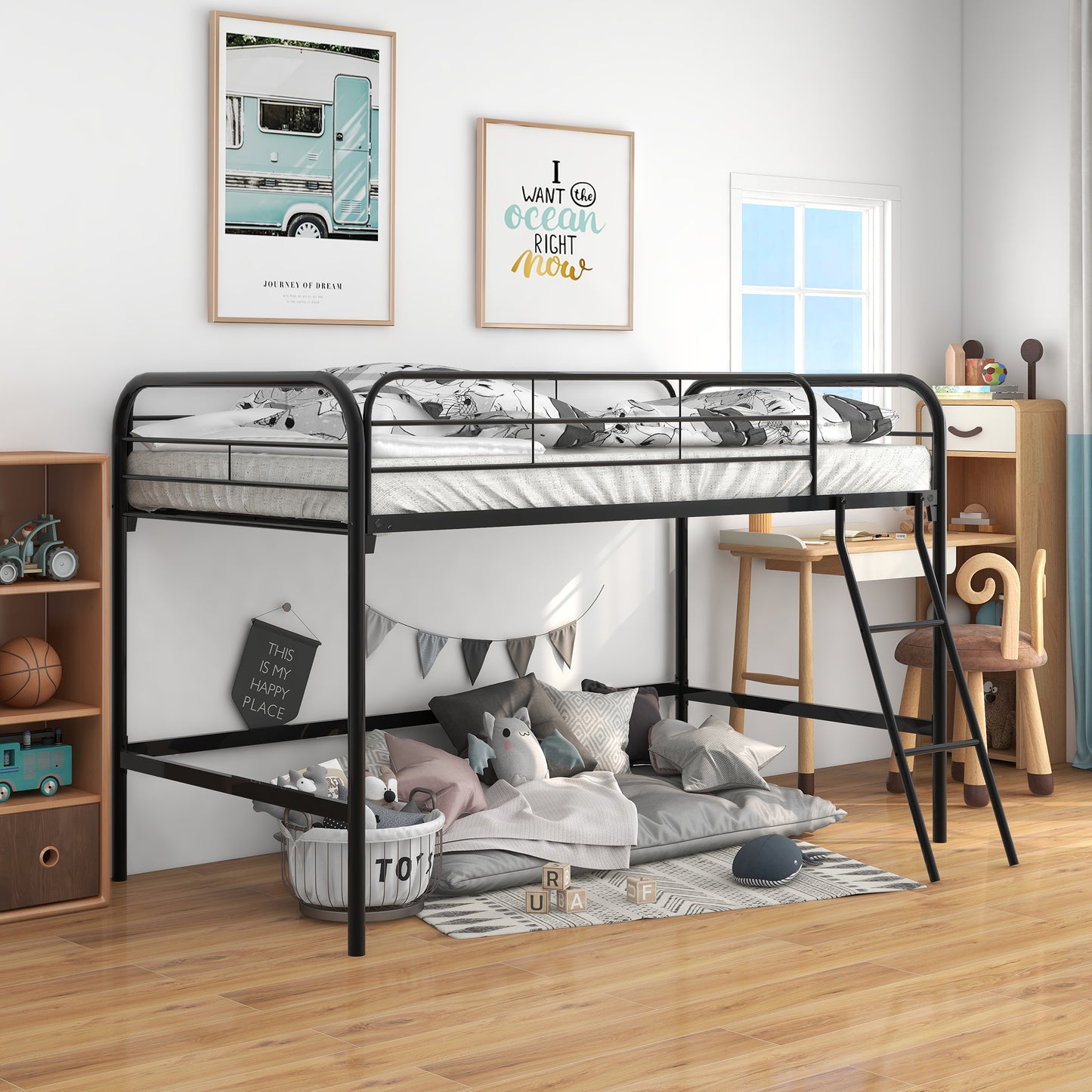 Twin Size Metal Loft Bed - Black with Full-Length Guardrails